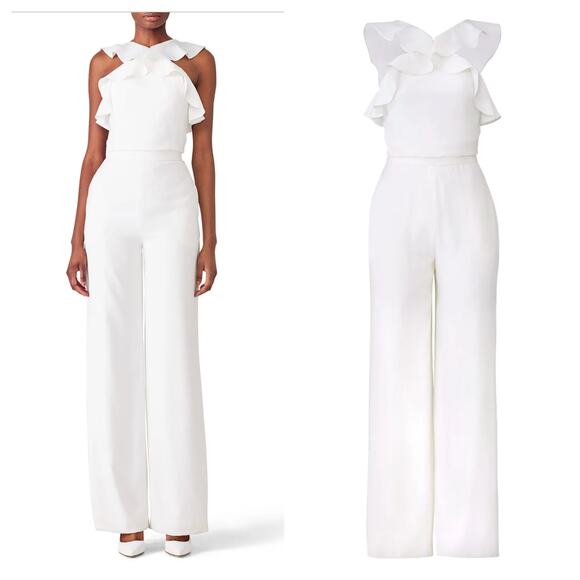ML MONIQUE LHUILLIER Ruffle Halter Wide Leg Jumpsuit in White Size 6 $495 - Picture 1 of 16